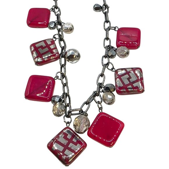 Red & Silver Geometric Necklace &‎ Earrings Set With Chain Links & Beads - Picture 2 of 3